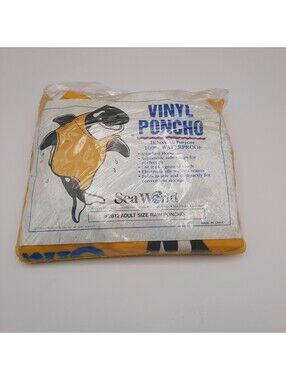 RARE 1990 Sea World Vinyl Yellow Rain Poncho Adult Size Shamu Killer Whale #2812